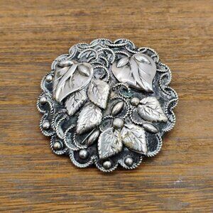 Vintage Italian Sterling Silver Round Leaf Spiral Brooch Signed Italy